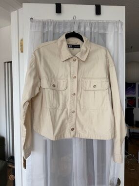 Zara Cream Button-Front Cotton Overshirt Jacket